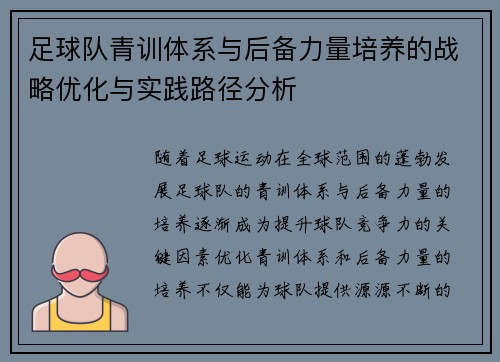 足球队青训体系与后备力量培养的战略优化与实践路径分析