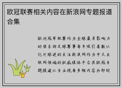 欧冠联赛相关内容在新浪网专题报道合集