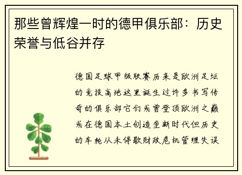那些曾辉煌一时的德甲俱乐部：历史荣誉与低谷并存